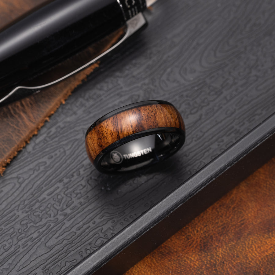 Black Tungsten Carbide Genuine Hawaiian Koa Wood 8mm Wedding Band