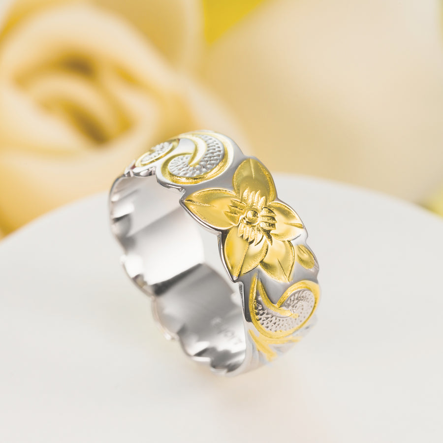 925 Sterling Silver 14K Gold Plated 8mm Hawaiian Plumeria Flower Scroll Stackable Ring (Two Tone Yellow-Gold)