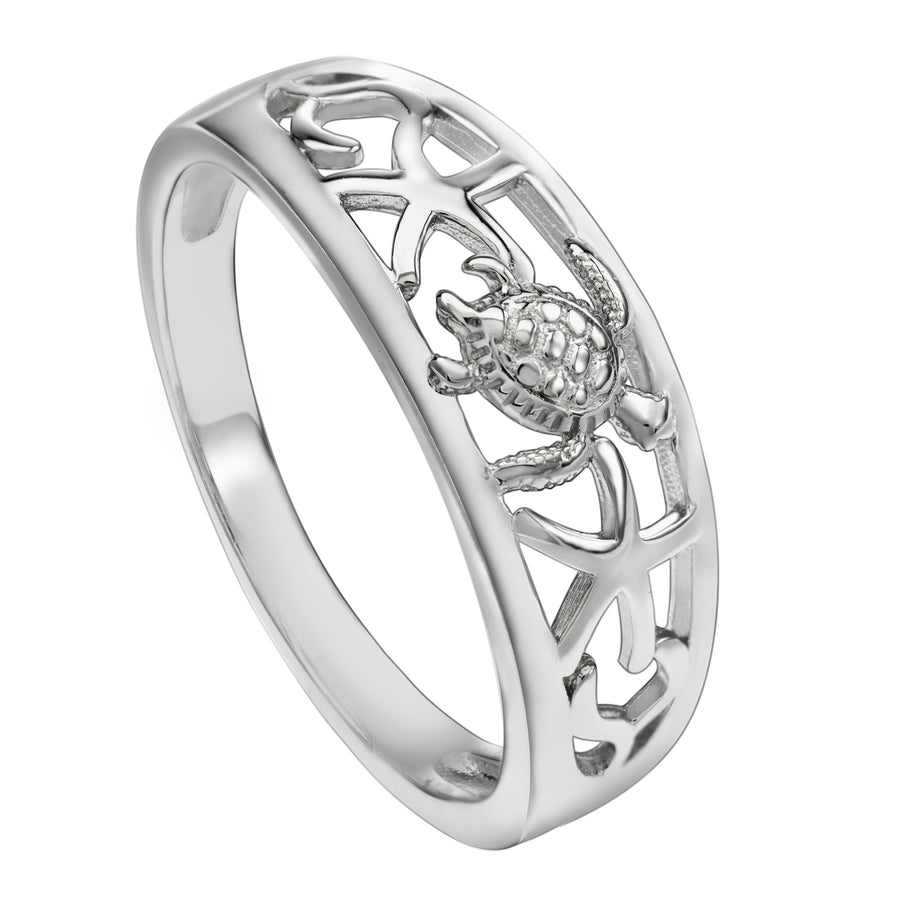 925 Sterling Silver Tapered Hawaiian Turtle and Starfish Ring Wedding Band