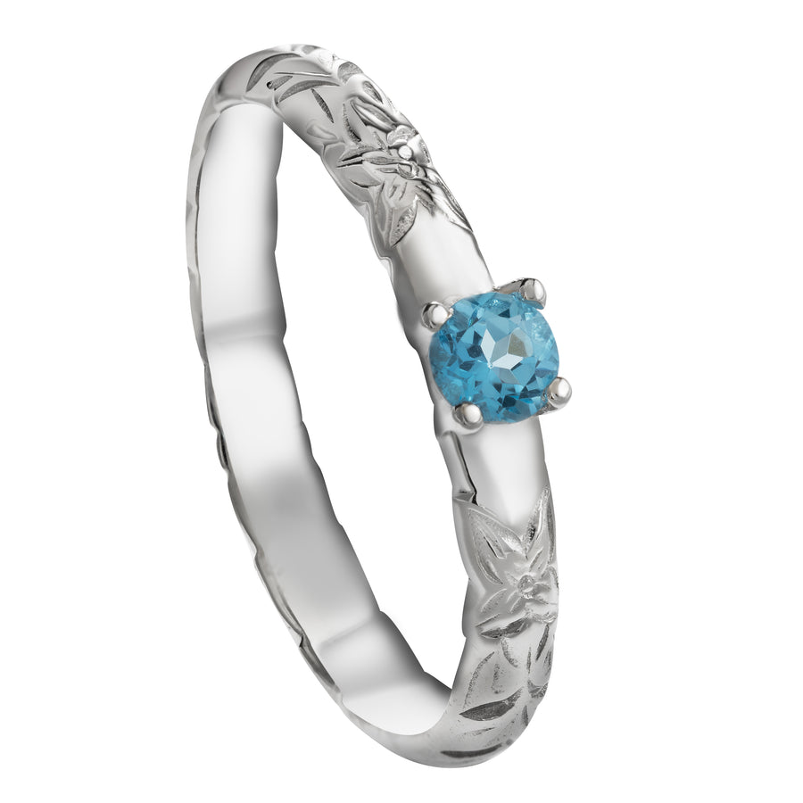 925 Sterling Silver Hawaiian Blue Topaz Princess Plumeria Flower Scroll Ring Stackable Wedding Band