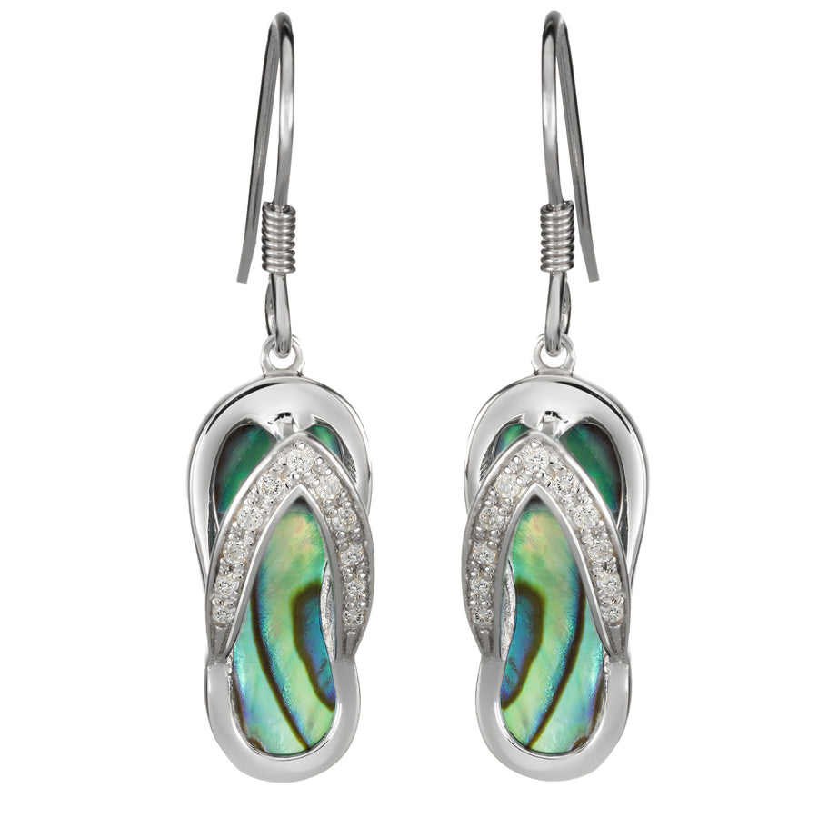 Sterling Silver Natural Abalone Shell Flip Flop Slipper Dangle Hook Earrings with Cubic Zirconia