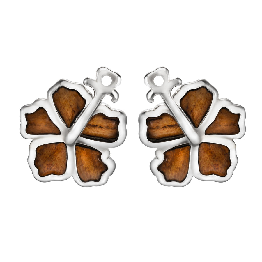 Sterling Silver Koa Wood Hawaiian Hibiscus Flower Stud Earrings