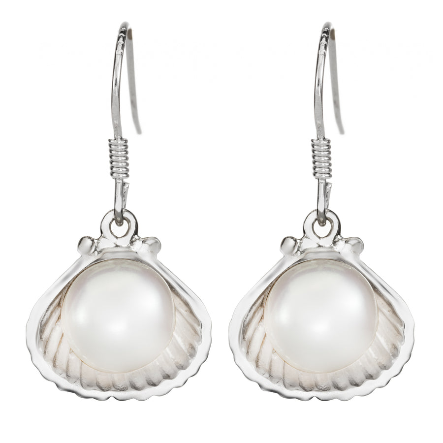 925 Sterling Silver Freshwater Pearl in Seashell Dangle Earrings