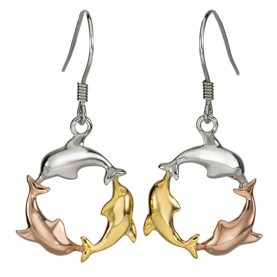 925 Sterling Silver 14K Gold Plated Tri-Color Three Dolphin Circle of Life Dangle Earrings