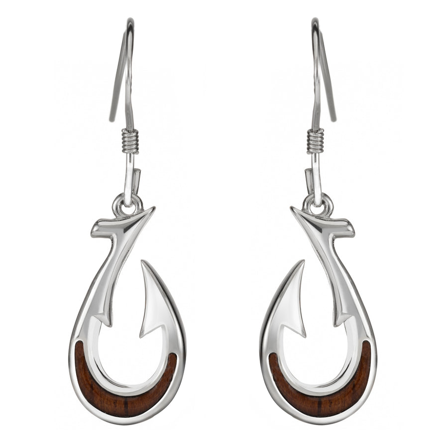 Sterling Silver Natural Koa Wood Barbed Fish Hook Dangle Hook Earrings