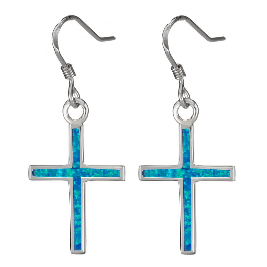 Sterling Silver Blue Opal Cross Dangle Earrings