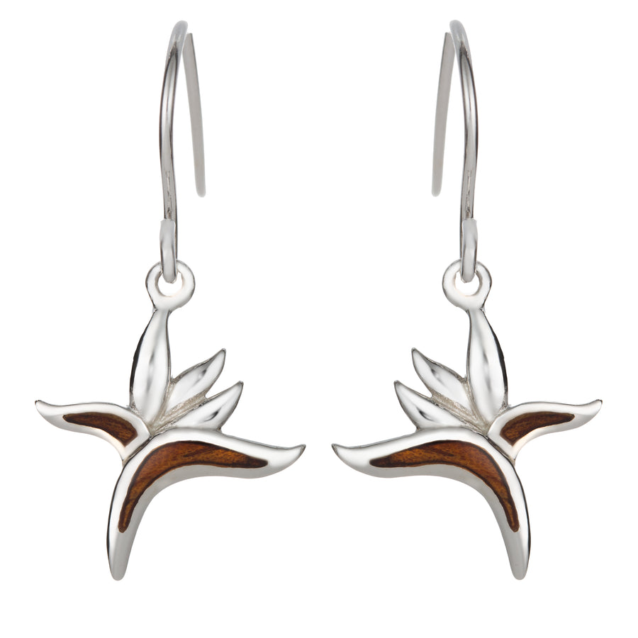 Sterling Silver Koa Wood Bird of Paradise Dangle Hook Earrings