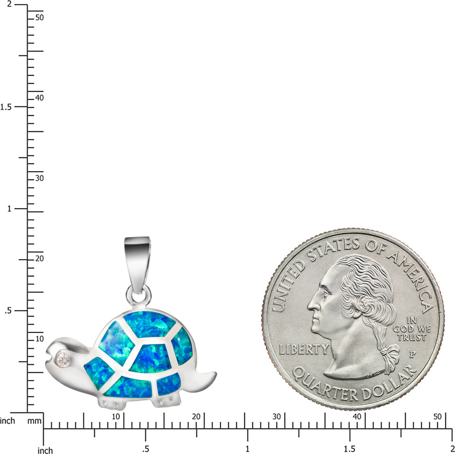 Sterling Silver Created Blue Opal Cute Little Baby Sea Turtle and Cubic Zirconia Necklace Pendant with 18" Box Chain