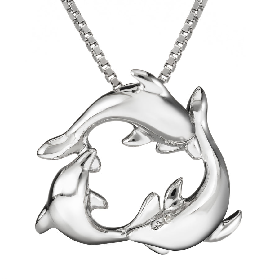 925 Sterling Silver Three Dolphin Circle of Life Necklace Pendant