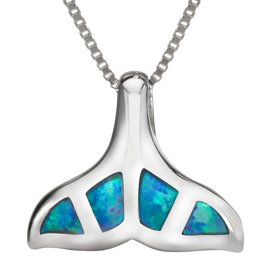 Sterling Silver Blue Opal Striped Whale Tail Necklace Pendant