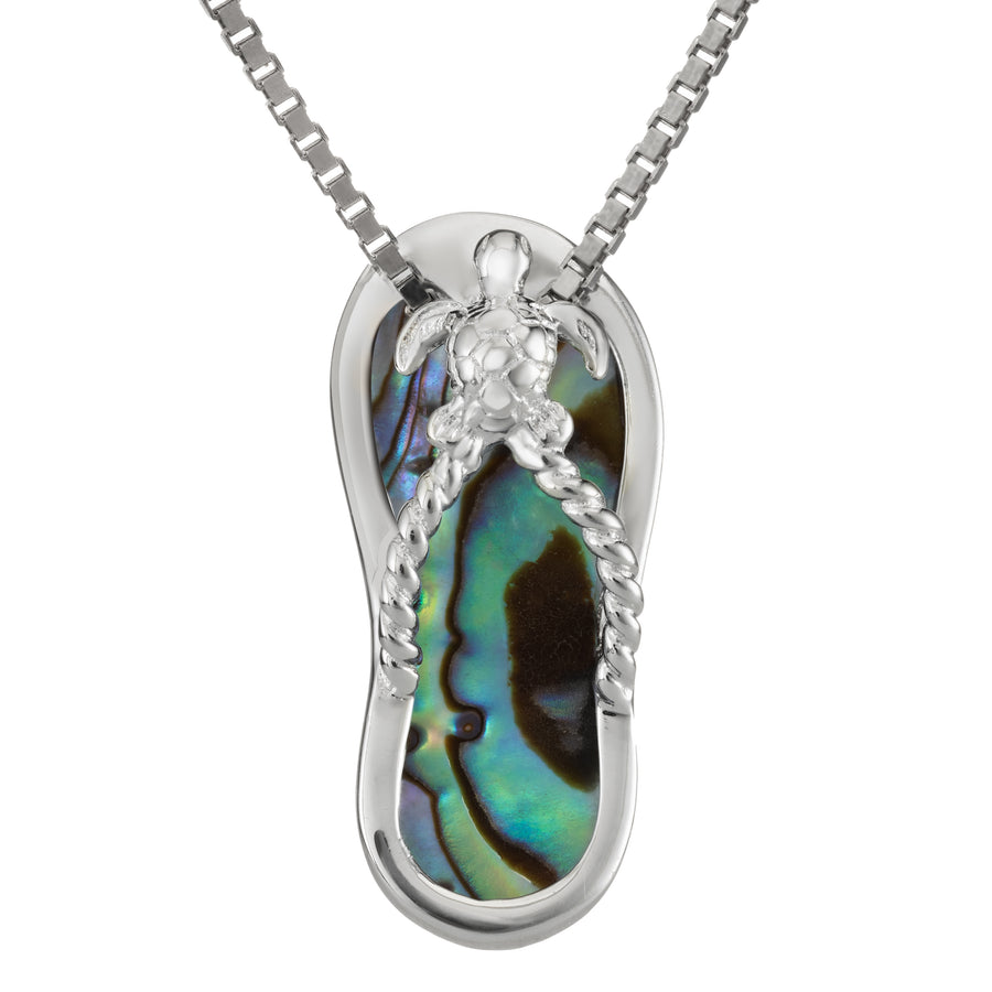 Sterling Silver Natural Abalone Shell Turtle Flip Flop Slipper Necklace Pendant