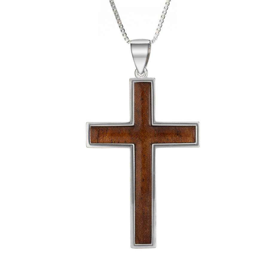 Sterling Silver Koa Wood Traditional Cross Necklace Pendant