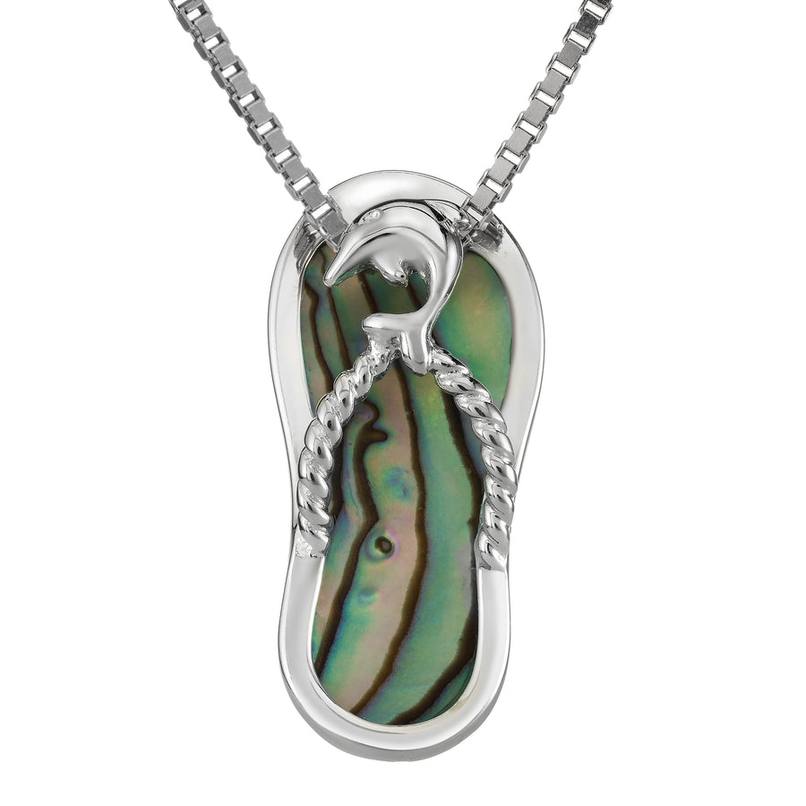 Sterling Silver Natural Abalone Shell Dolphin Flip Flop Slipper Necklace Pendant