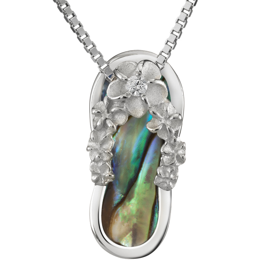 Sterling Silver Natural Abalone Shell Plumeria Flower Flip Flop Slipper Necklace Pendant with Cubic Zirconia