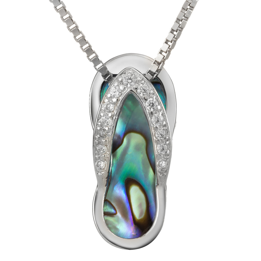 Sterling Silver Natural Abalone Shell Flip Flop Slipper Necklace Pendant with Cubic Zirconia