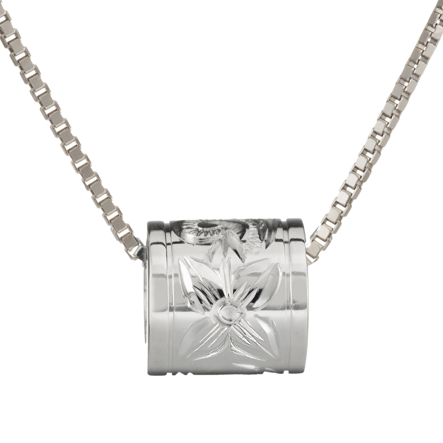 925 Sterling Silver Hawaiian Plumeria Flower Princess Scroll Barrel Pendant