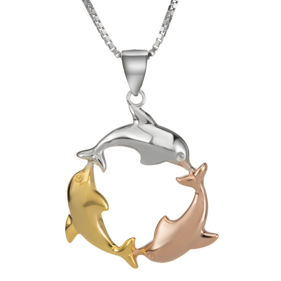 925 Sterling Silver 14K Gold Plated Tri-Color Three Dolphin Circle of Life Necklace Pendant