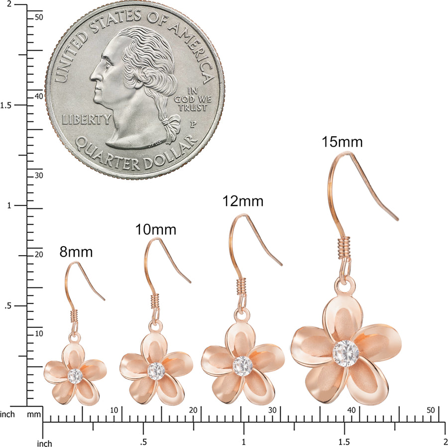 925 Sterling Silver 14K Rose Gold Plated Cubic Zirconia Hawaiian Plumeria Flower Dangle Hook Earrings