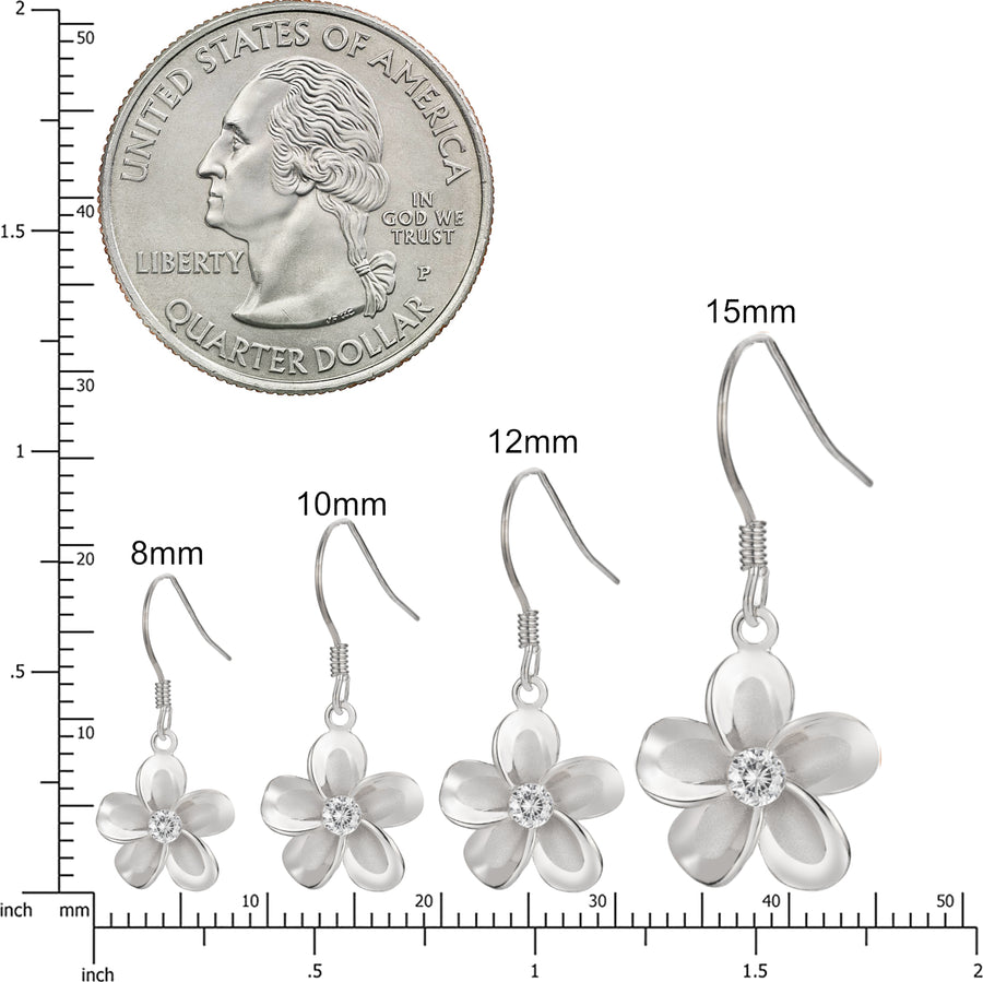 925 Sterling Silver Cubic Zirconia Hawaiian Plumeria Flower Dangle Hook Earrings