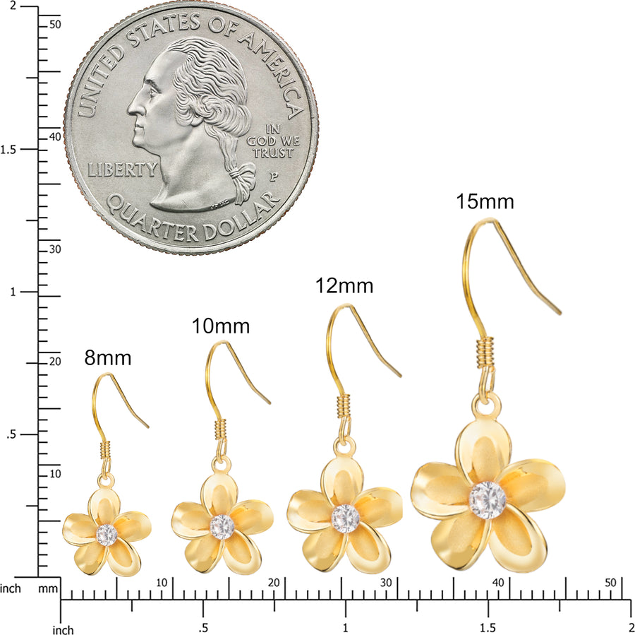 925 Sterling Silver 14K Gold Plated Cubic Zirconia Hawaiian Plumeria Flower Dangle Hook Earrings