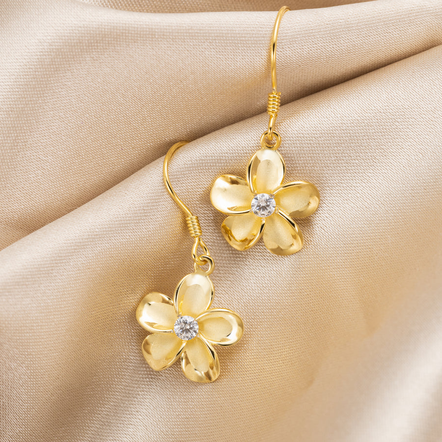 925 Sterling Silver 14K Gold Plated Cubic Zirconia Hawaiian Plumeria Flower Dangle Hook Earrings