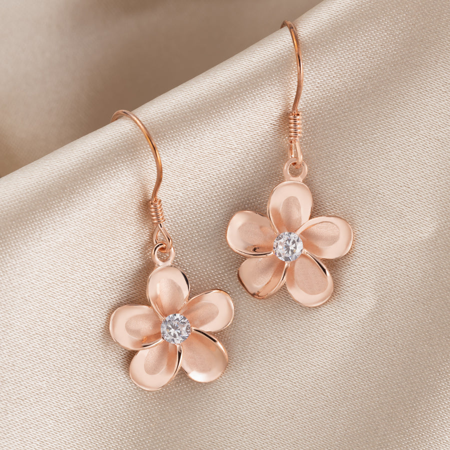 925 Sterling Silver 14K Rose Gold Plated Cubic Zirconia Hawaiian Plumeria Flower Dangle Hook Earrings