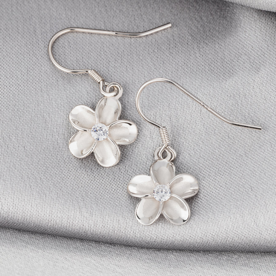 925 Sterling Silver Cubic Zirconia Hawaiian Plumeria Flower Dangle Hook Earrings