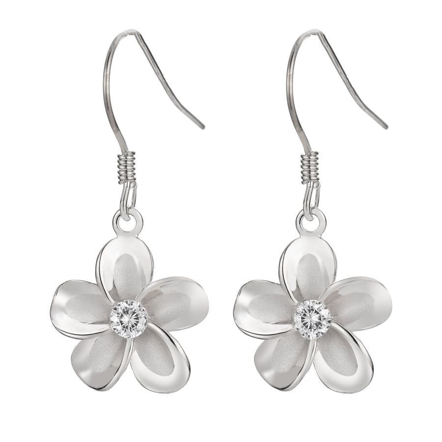 925 Sterling Silver Cubic Zirconia Hawaiian Plumeria Flower Dangle Hook Earrings