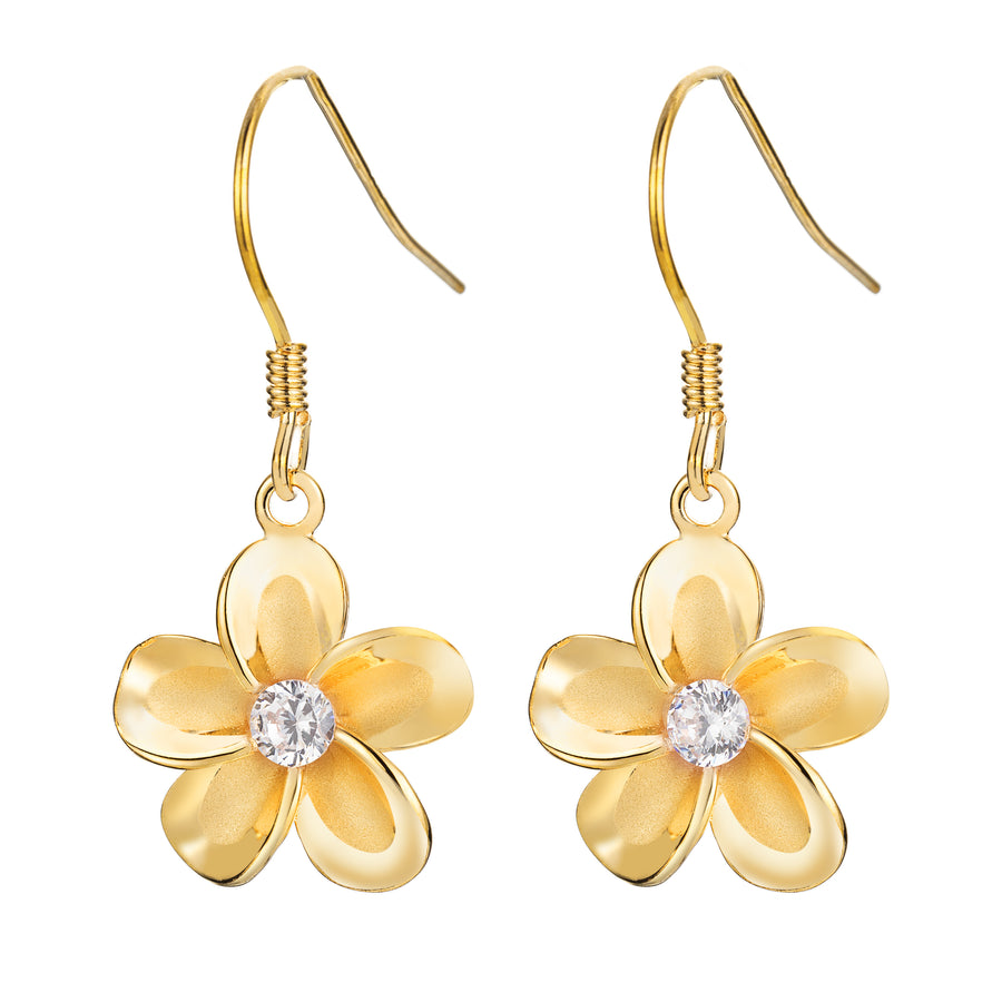 925 Sterling Silver 14K Gold Plated Cubic Zirconia Hawaiian Plumeria Flower Dangle Hook Earrings