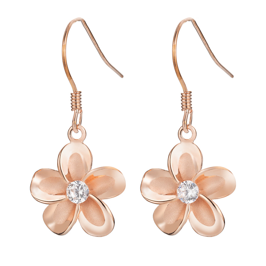 925 Sterling Silver 14K Rose Gold Plated Cubic Zirconia Hawaiian Plumeria Flower Dangle Hook Earrings