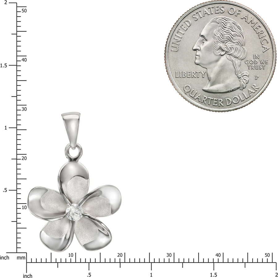 925 Sterling Silver Plumeria Pendant with Cubic Zirconia