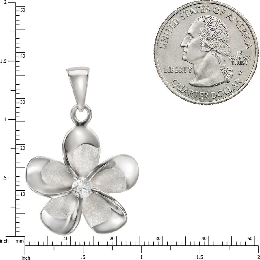 925 Sterling Silver Plumeria Pendant with Cubic Zirconia