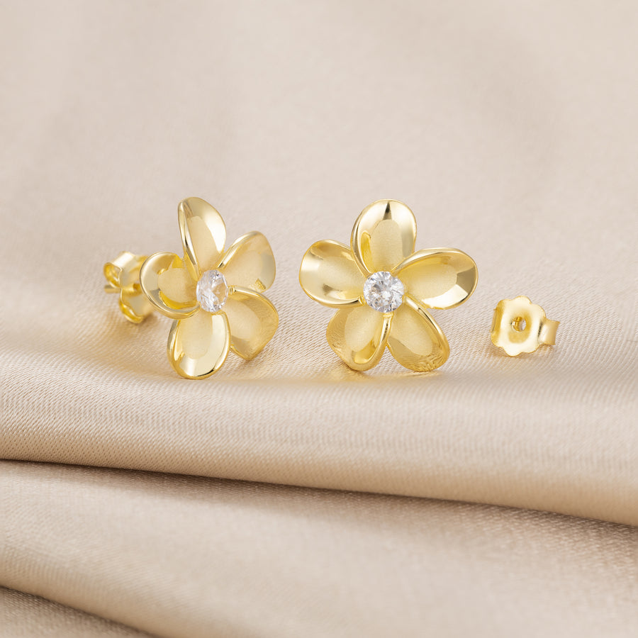 925 Sterling Silver 14K Gold Plated Plumeria Stud Earrings with Cubic Zirconia (Yellow-Gold)