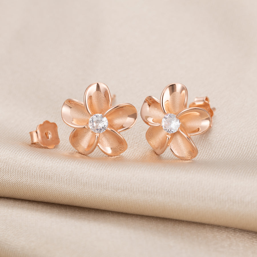 925 Sterling Silver 14K Rose-Gold Plated Plumeria Stud Earrings with Cubic Zirconia (Rose-Gold)