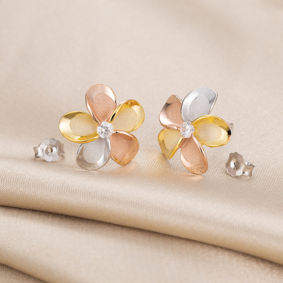 925 Sterling Silver 14K Gold Plated Plumeria Stud Earrings with Cubic Zirconia (Tri-Color)