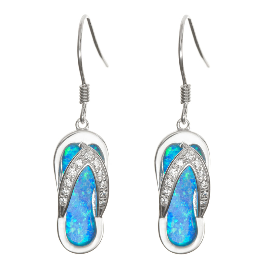 Sterling Silver Blue Opal Flip Flop Slipper Dangle Earrings with Cubic Zirconia