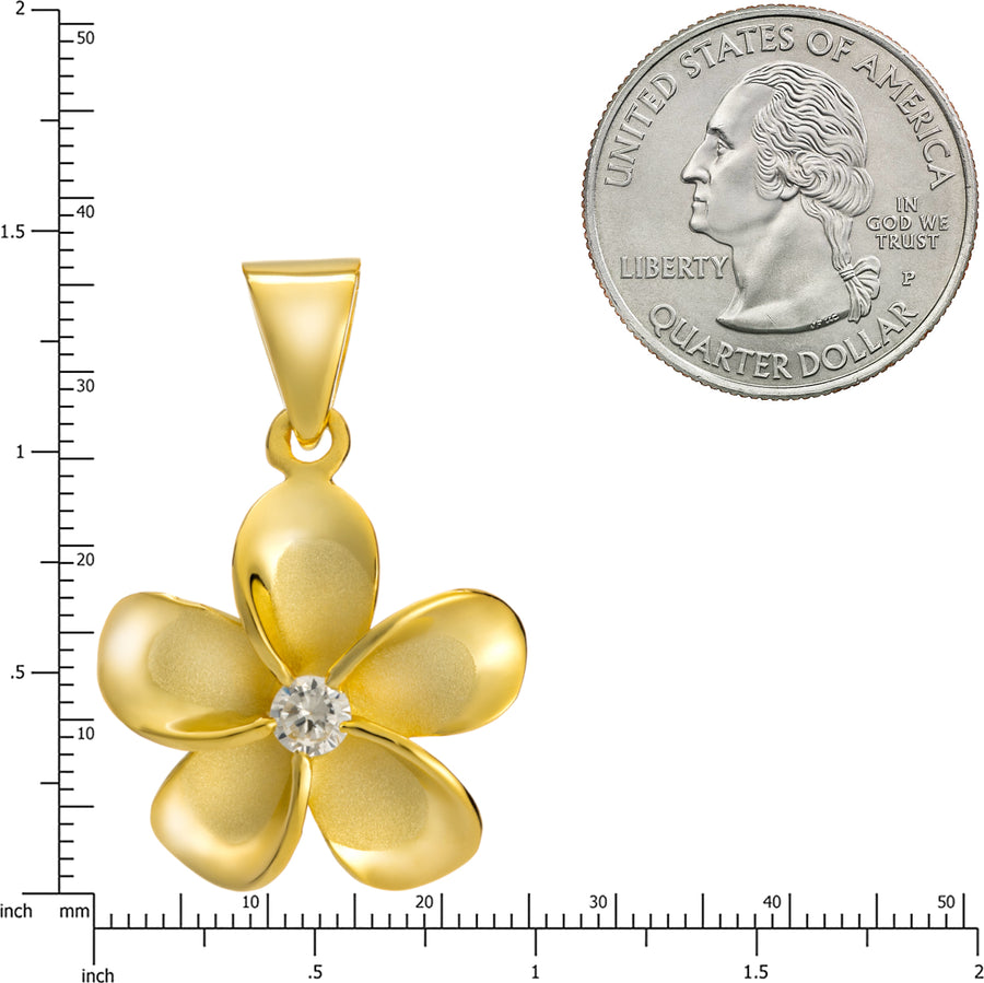 925 Sterling Silver 14K Gold Plated Plumeria Pendant with Cubic Zirconia (Yellow-Gold)