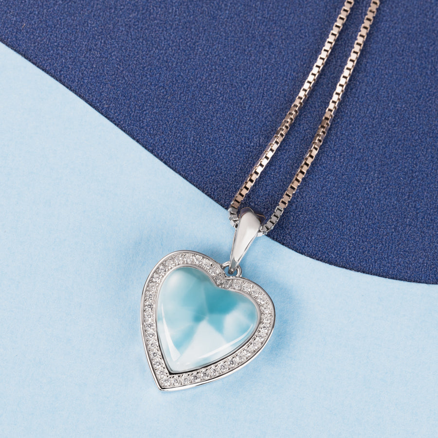 Sterling Silver Natural Larimar & Topaz Heart Necklace Pendant