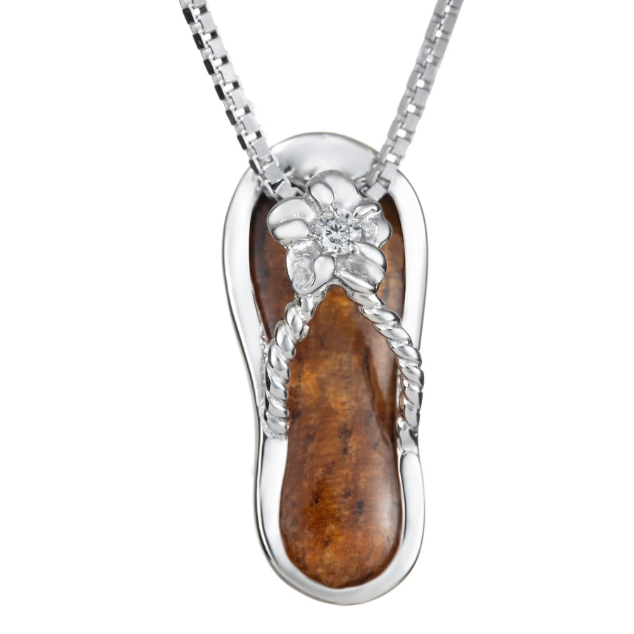 Sterling Silver Natural Koa Wood Plumeria Flip Flop Slipper Pendant with Cubic Zirconia