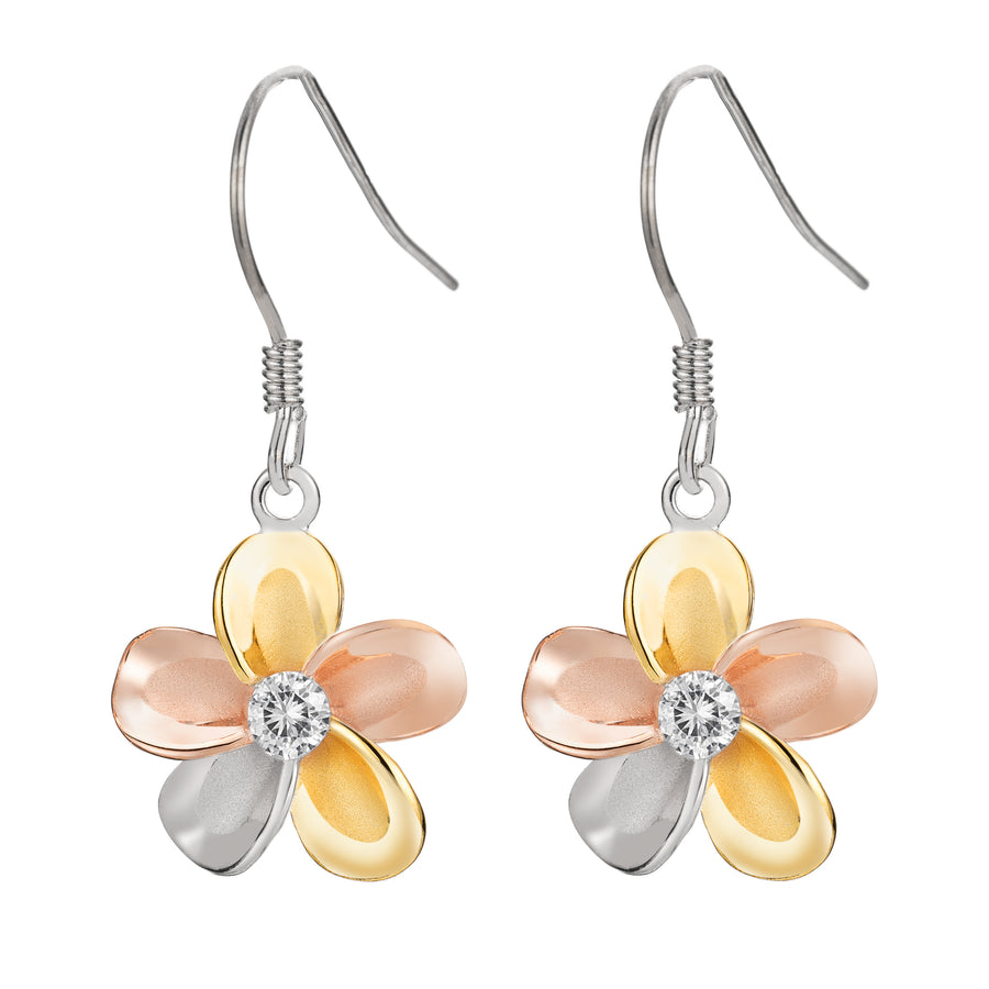14K Tri-Color Gold Plated 925 Sterling Silver Cubic Zirconia Hawaiian Plumeria Flower Dangle Hook Earrings