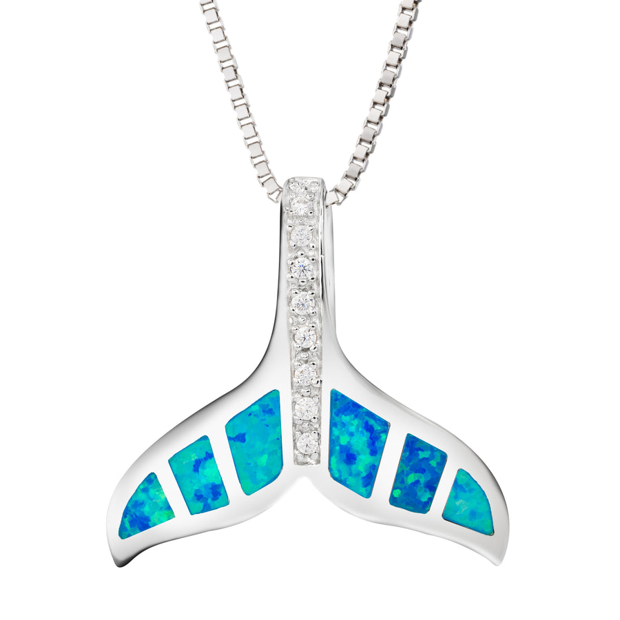 Sterling Silver Blue Opal CZ Whale Tail Necklace Pendant