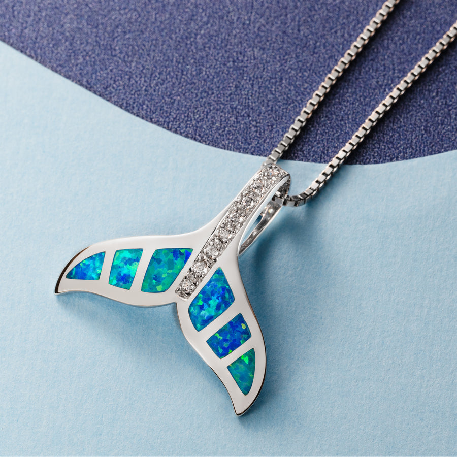 Sterling Silver Blue Opal CZ Whale Tail Necklace Pendant