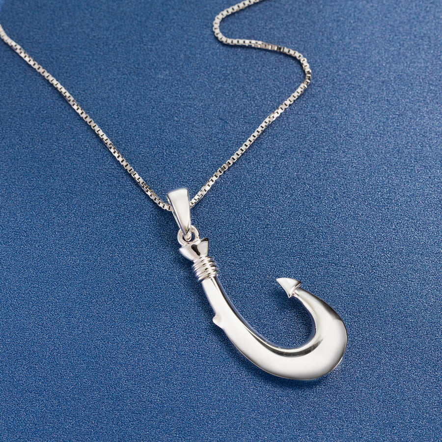 925 Sterling Silver Rhodium Plated Hawaiian Fish Hook Angle Necklace Pendant - Classic