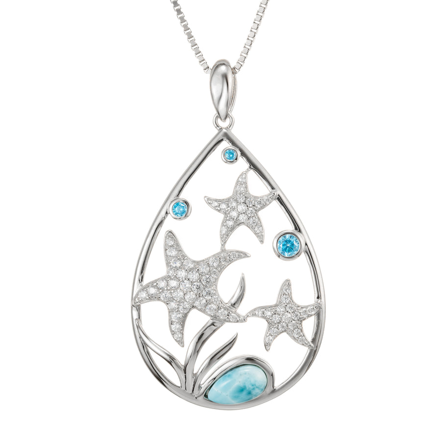 Sterling Silver Natural Larimar "Hawaiian Stars" Starfish Raindrop Pendant with Topaz Pave