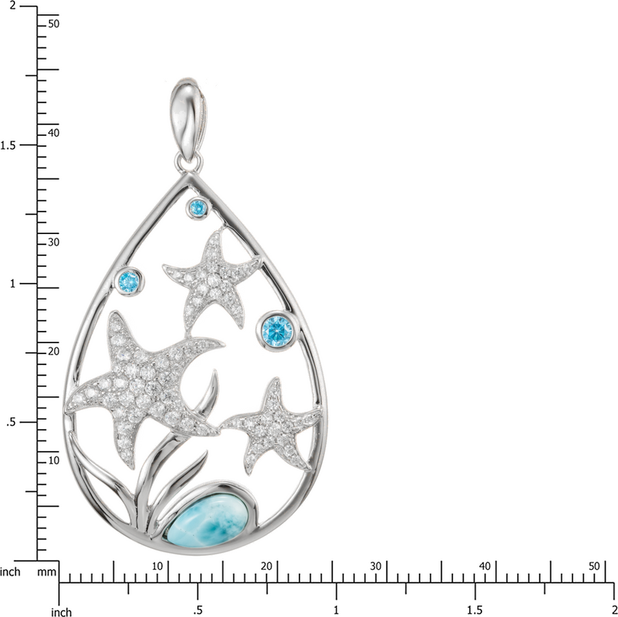 Sterling Silver Natural Larimar "Hawaiian Stars" Starfish Raindrop Pendant with Topaz Pave