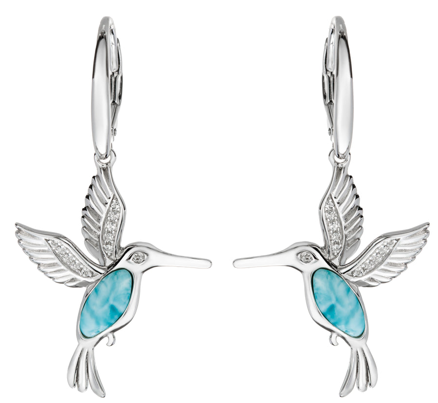 Sterling Silver Natural Larimar Hummingbird Dangle Earrings with Cubic Zirconia