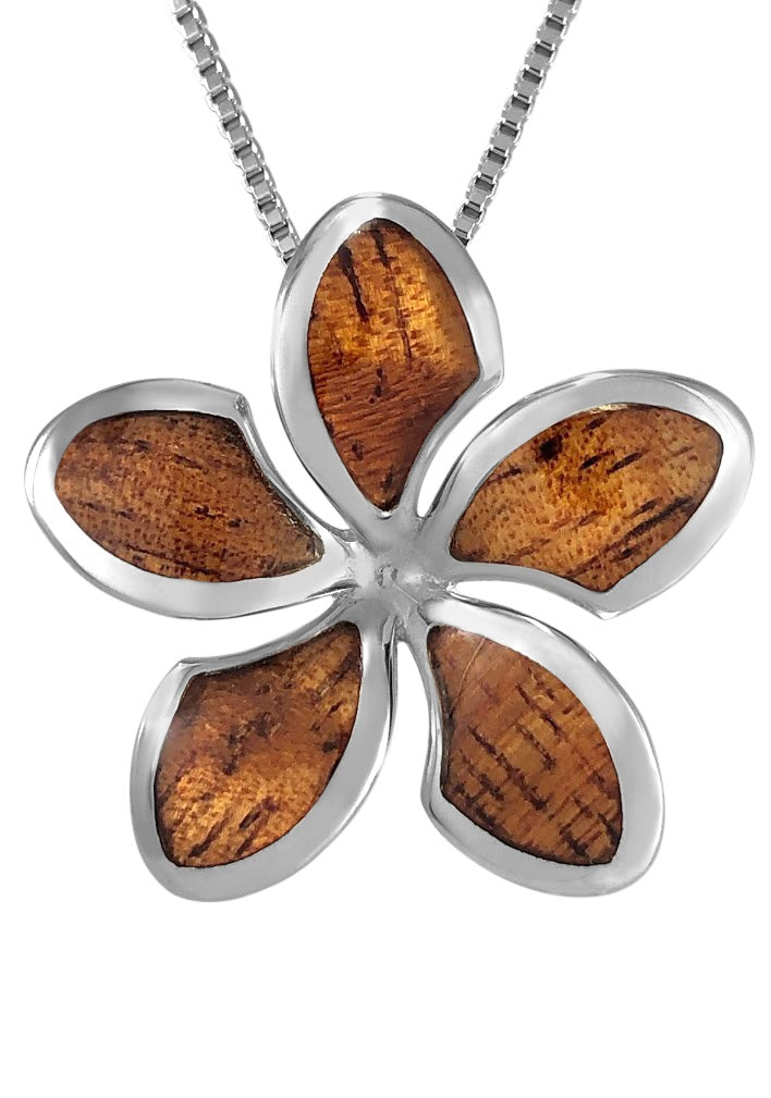 Sterling Silver Koa Wood Plumeria Necklace Pendant with 18" Box Chain