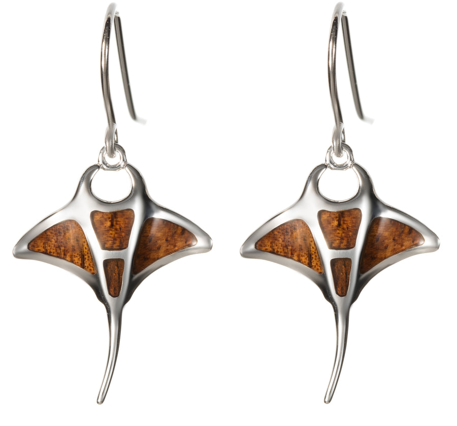 Sterling Silver Koa Wood Manta Ray Dangle Earrings