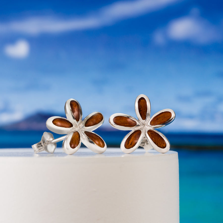 Sterling Silver Koa Wood Hawaiian Plumeria Stud Earrings