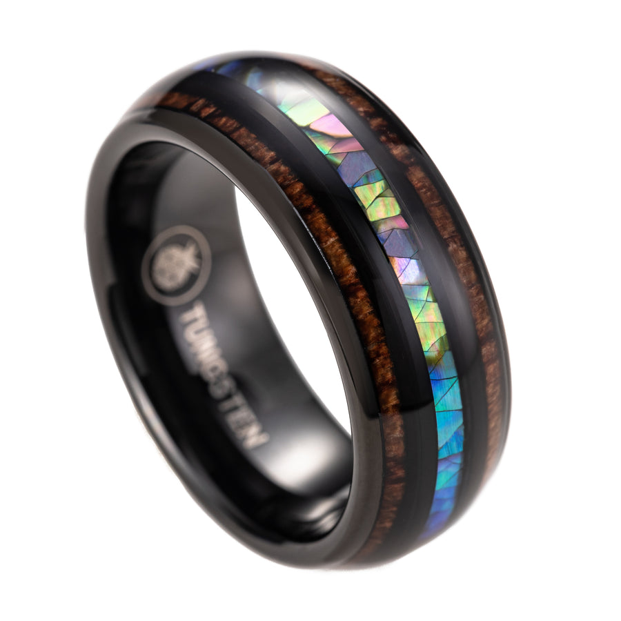 8mm Black Tungsten Carbide Hawaiian Koa Wood Tree and Abalone Shell Inlay Mauka to Makai Comfort Fit Ring Engagement Wedding Band